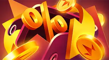 Изображение золотого символа процента в окружении золотых монет, символизирующее кэшбэк-бонус в Avrora Интернет-казино.